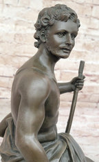 Sculpture of Shepherd with His Dog, Classical Figurine on Marble Base, 15" x 7" Tabletop Display for Collectors