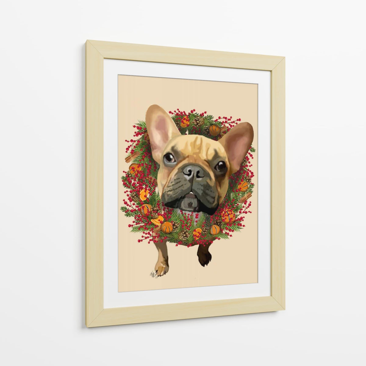 Canvas Lab | French Bulldog, Cranberry Wreath by Fab Funky | 30 x 40 in | Canvas Print Wall Art | Animals, Dogs, Nature, Whimsical | Wall Decor for Bedroom, Living Room or Office