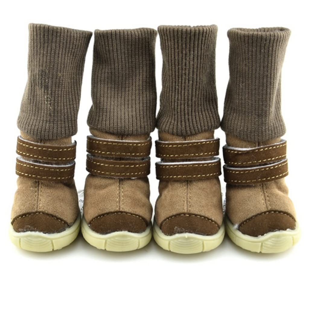 Pet Shoes 4pcs/Set Thick Fur Pet Dog Shoes Bottom Slip-Resistant Waterproof Small Dogs Shoes Winter Warm Snow Boots (Brown M Code)