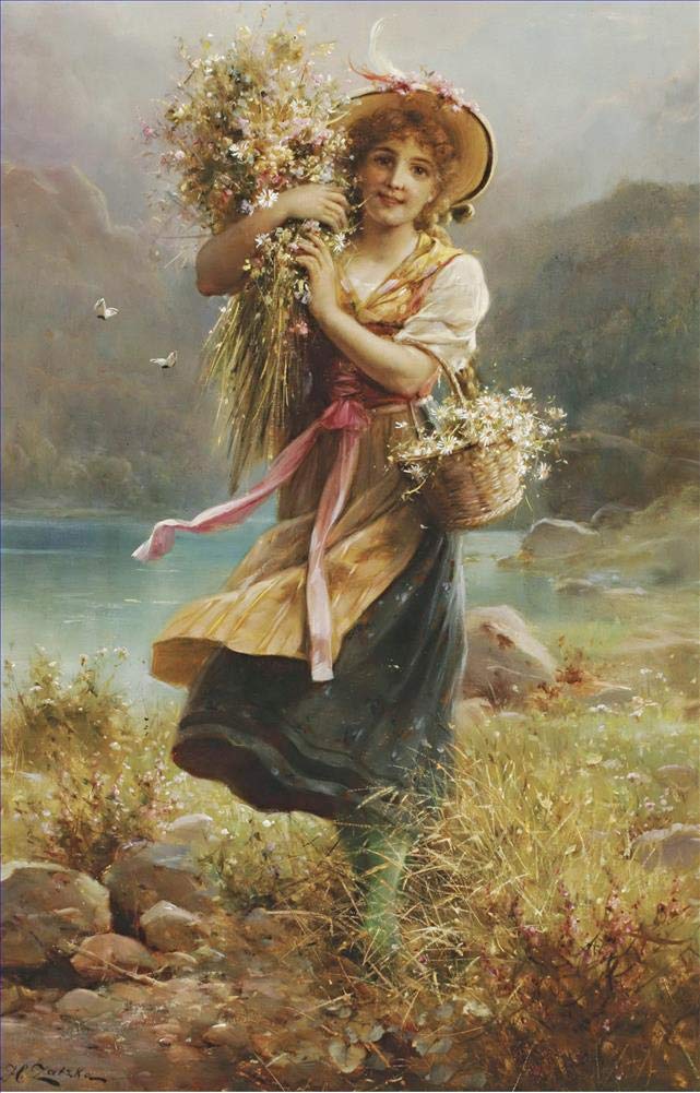 Toperfect Oil Painting Handmade $50-$2000 by College Teachers - 27 Zatzka Wall Art - Obedience Hans Zatzka girls and puppy dog rural - Famous Painting on Canvas -Size2