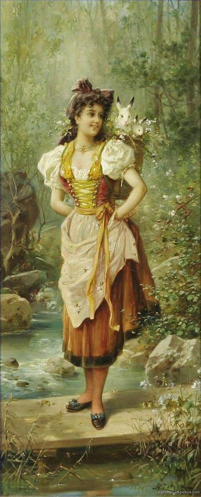 Toperfect Oil Painting Handmade $50-$2000 by College Teachers - 27 Zatzka Wall Art - Obedience Hans Zatzka girls and puppy dog rural - Famous Painting on Canvas -Size2