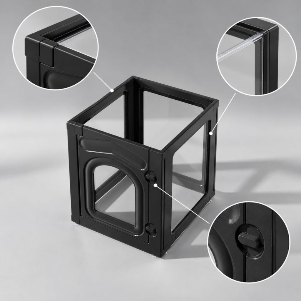 Indoor Kennel Wipe-Clean Modular Pet Enclosure with Latch Door Clear Acrylic Dog Playpen, Black
