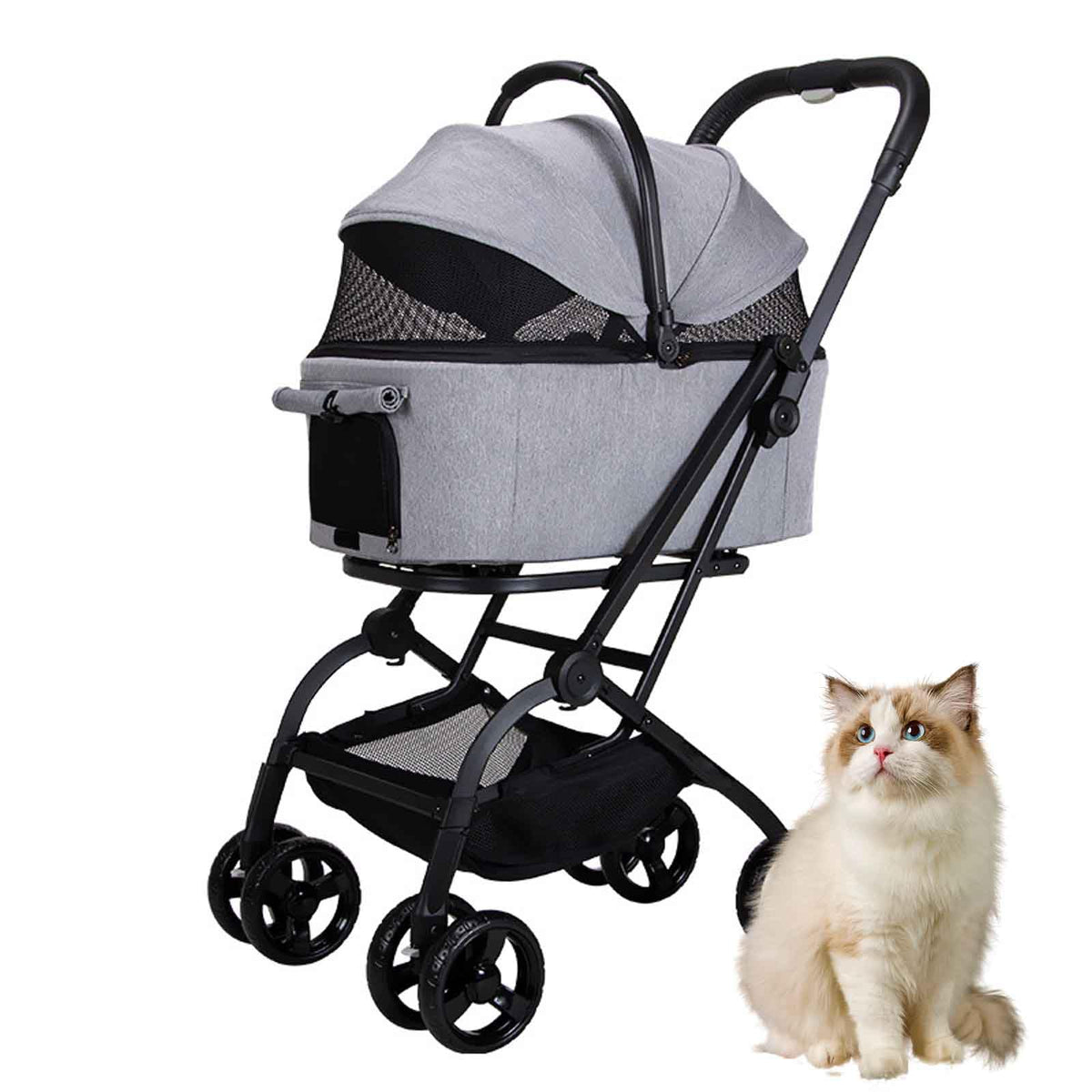 3 in 1 One-Click Foldable Pet Stroller, Detachable Dog Cat Travel Pushchair, 4 Wheels Dog/Cat Puppy Stroller, Travel Carrier for Small/Medium Pet with Storage Basket,Black