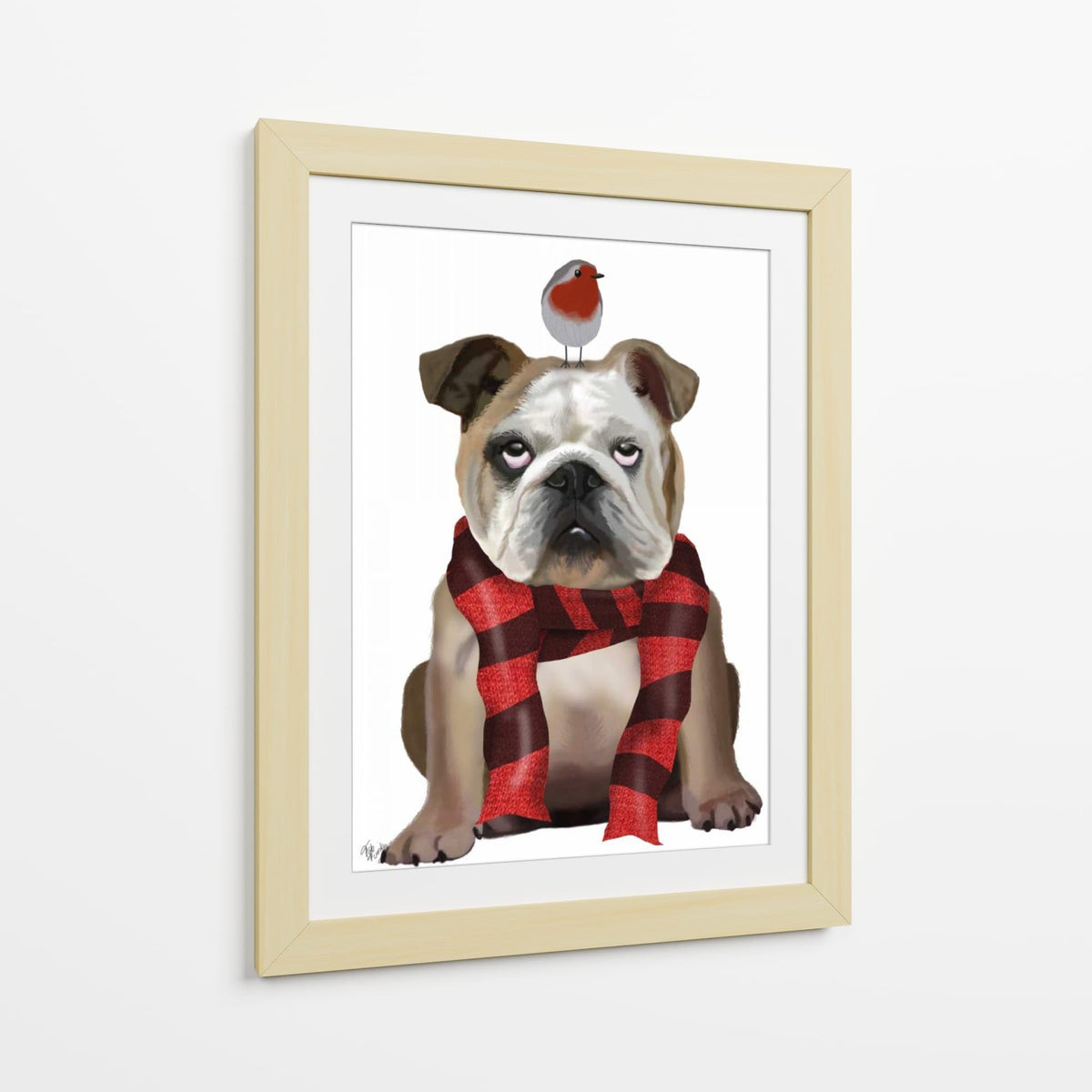 Canvas Lab | English Bulldog, Scarf and Robin by Fab Funky | 30 x 40 in | Canvas Print Wall Art | Animals, Dogs, Nature, Whimsical | Wall Decor for Bedroom, Living Room or Office
