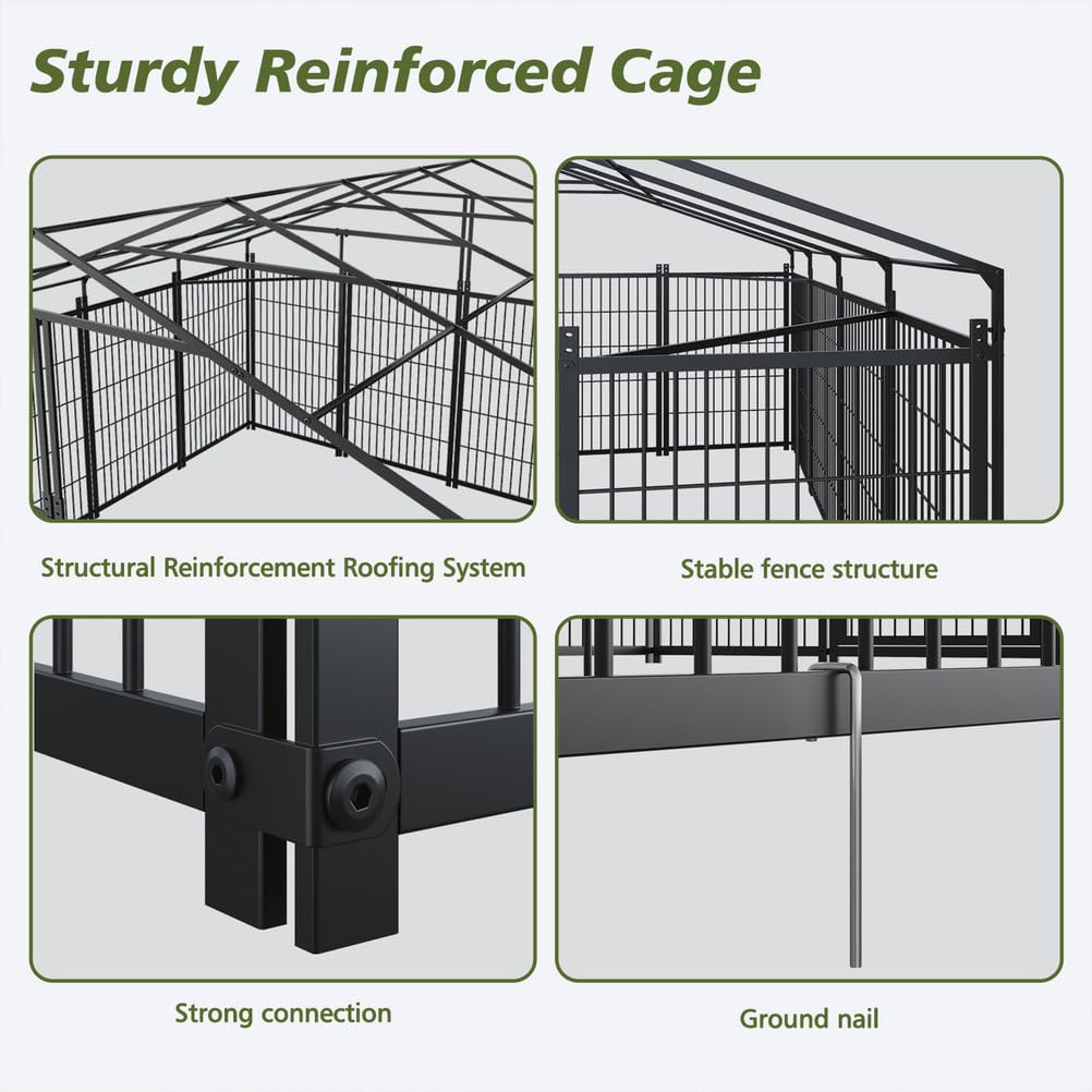 Large Outdoor Dog Kennel 18.9' L x 9.61' W x 6.76' H, Heavy Duty Metal Pet Enclosure with Roof Cover, Dog Run Fence Cage with Double Lock Door for Dogs Chickens Ducks Rabbits