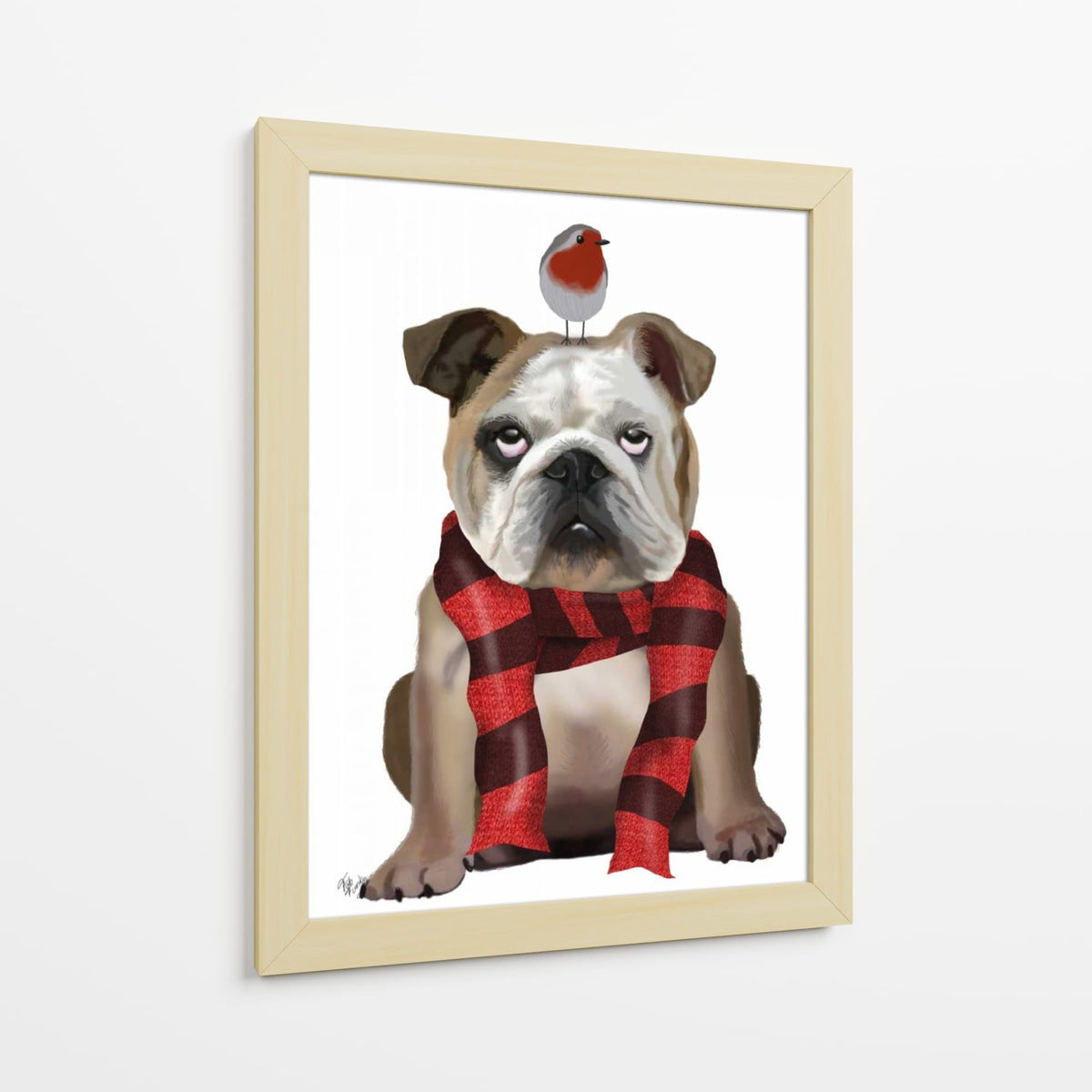 Canvas Lab | English Bulldog, Scarf and Robin by Fab Funky | 30 x 40 in | Canvas Print Wall Art | Animals, Dogs, Nature, Whimsical | Wall Decor for Bedroom, Living Room or Office