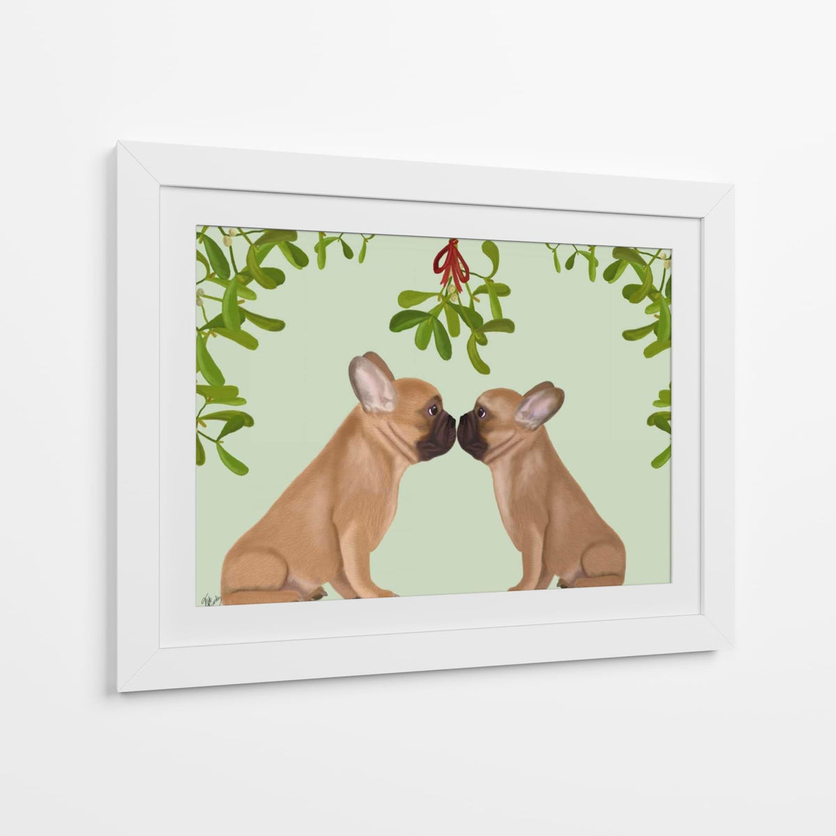 Canvas Lab | French Bulldogs and Mistletoe by Fab Funky | 40 x 30 in | Canvas Print Wall Art | Animals, Dogs, Nature, Whimsical | Wall Decor for Bedroom, Living Room or Office