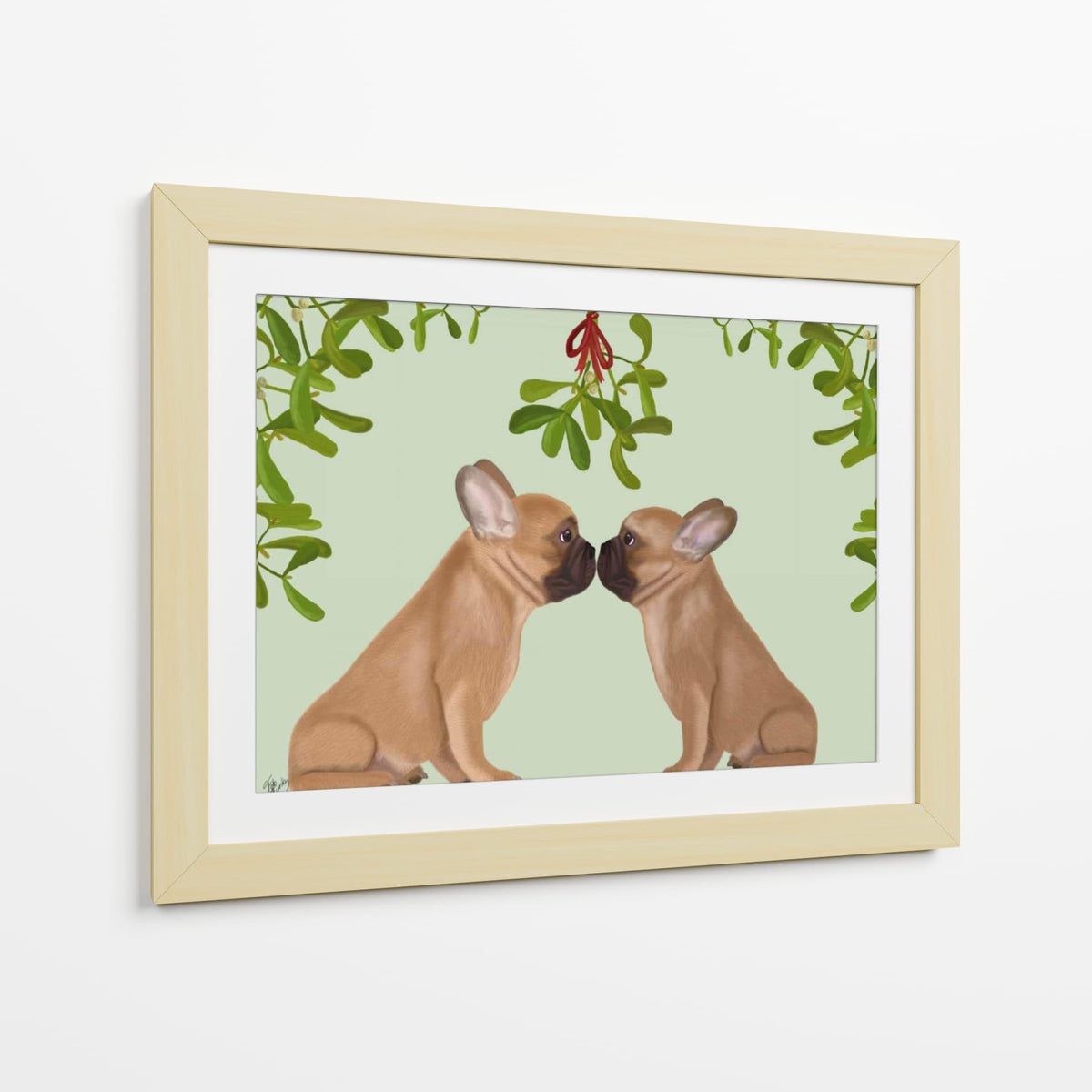 Canvas Lab | French Bulldogs and Mistletoe by Fab Funky | 40 x 30 in | Canvas Print Wall Art | Animals, Dogs, Nature, Whimsical | Wall Decor for Bedroom, Living Room or Office