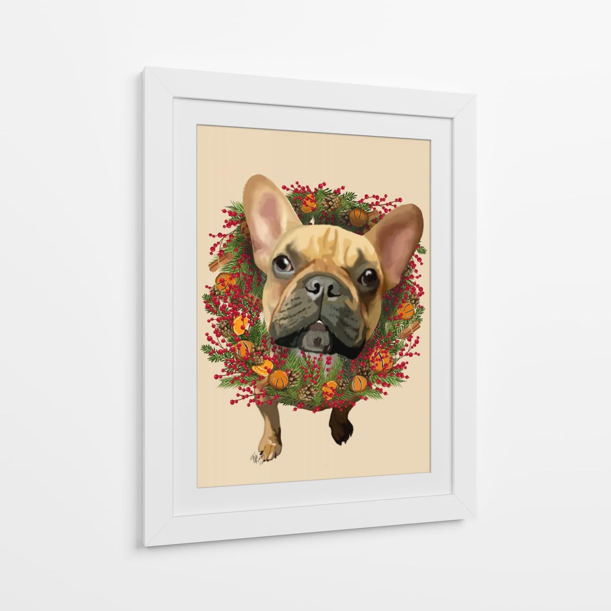 Canvas Lab | French Bulldog, Cranberry Wreath by Fab Funky | 30 x 40 in | Canvas Print Wall Art | Animals, Dogs, Nature, Whimsical | Wall Decor for Bedroom, Living Room or Office