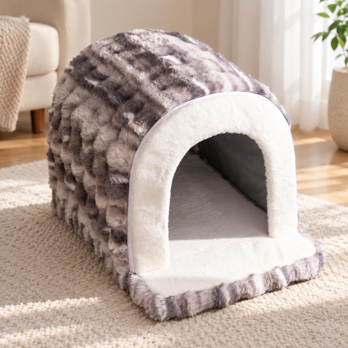 Arched Pet House Bed Cushioned Soft Bed with Front Entry Resilient for Small Dogs, Winter, Quiet Corners, 75x50x55cm