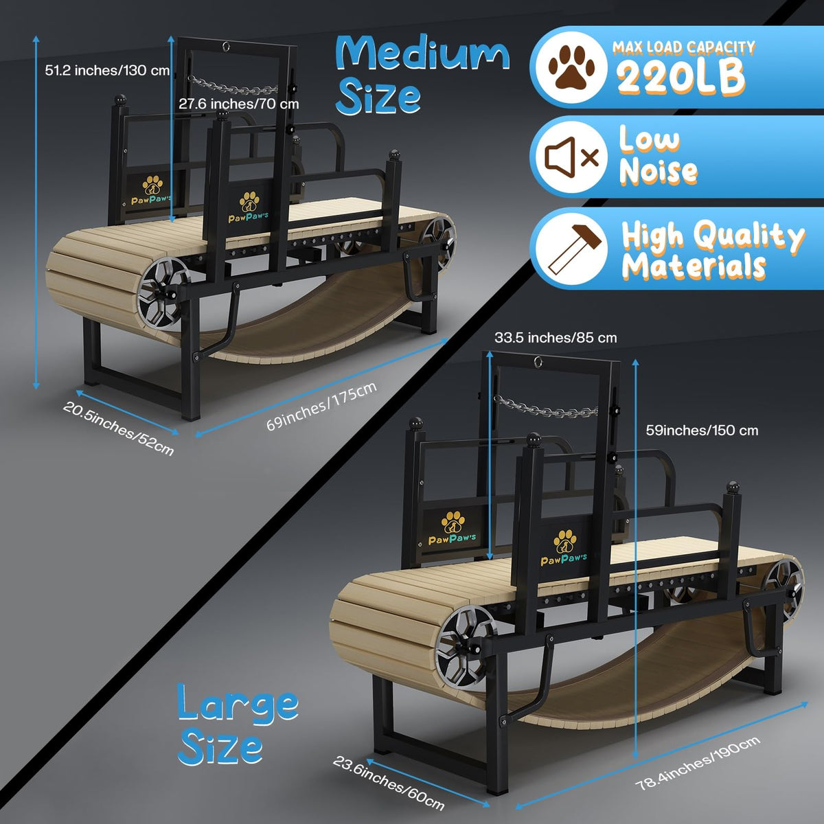 PawPaw's Dog Treadmill for Large Dogs, Medium Dogs with Brake. Dog Slatmill for Healthy & Fit Dog Life, Dog Treadmill for Indoor & Outdoor. Treadmill for Dogs up to 330 lbs