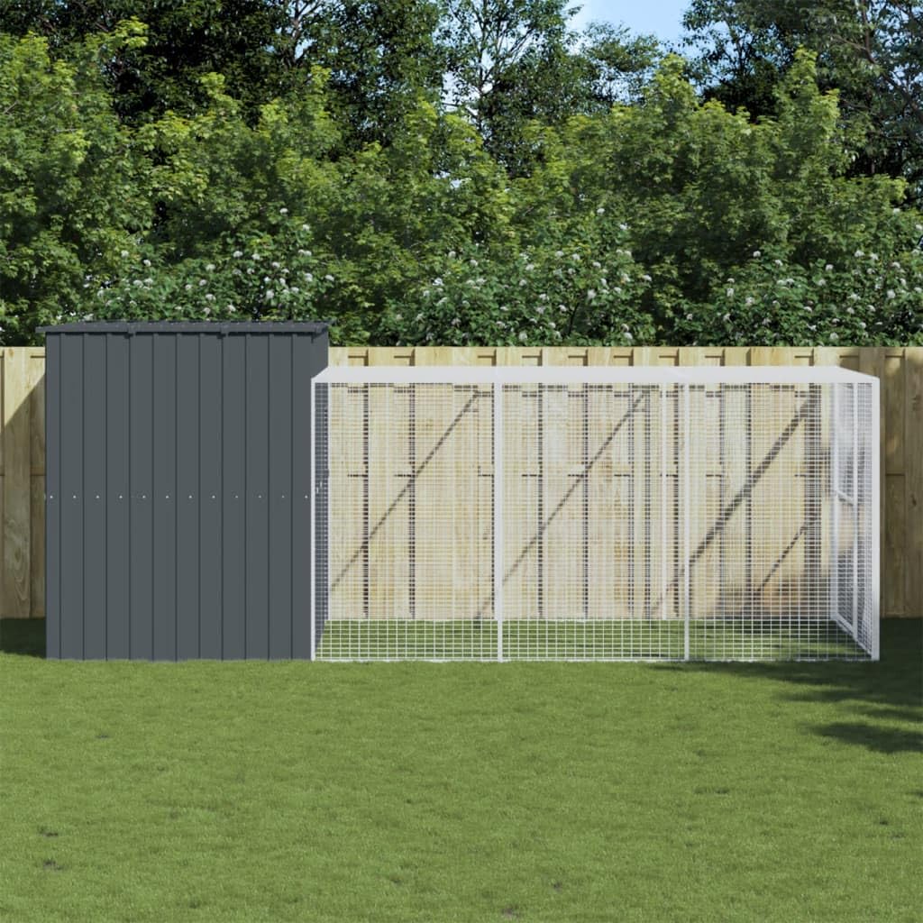 Dog House with Run, Outdoor Galvanized Steel Animal Kennel for Exercise and Play, 84.3" x 179.9" x 71.3", Anthracite