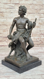 Sculpture of Shepherd with His Dog, Classical Figurine on Marble Base, 15" x 7" Tabletop Display for Collectors