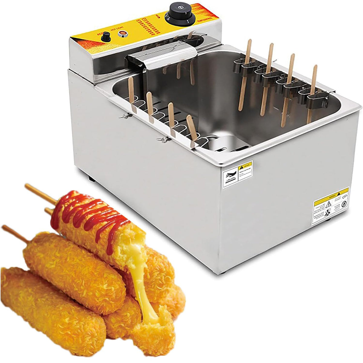Commercial 12L Electric Corn Dog Fryer, 2500W Automatic Temperature Control Cheese Stick Hot Dog Machine with Stainless Steel Basket for Restaurant Use