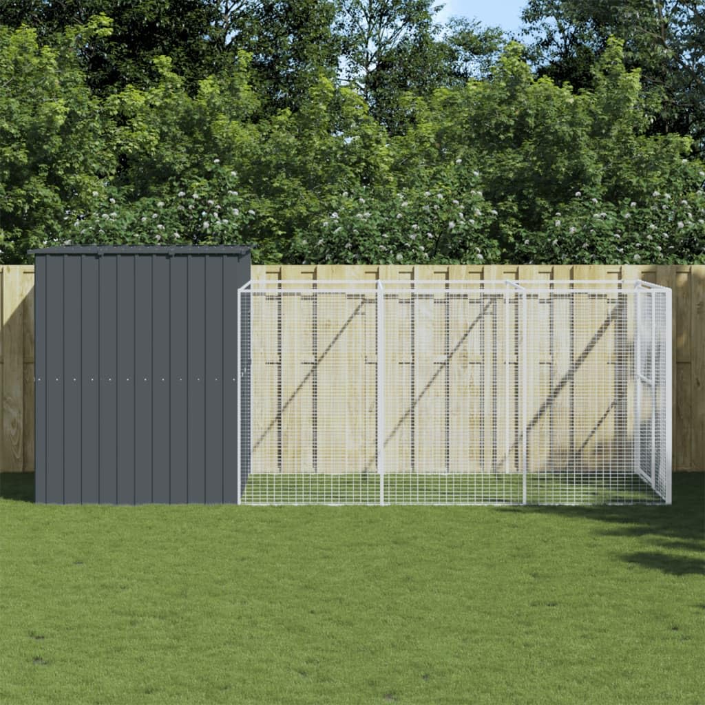 Dog House with Run, Outdoor Galvanized Steel Animal Kennel for Exercise and Play, 84.3" x 179.9" x 71.3", Anthracite