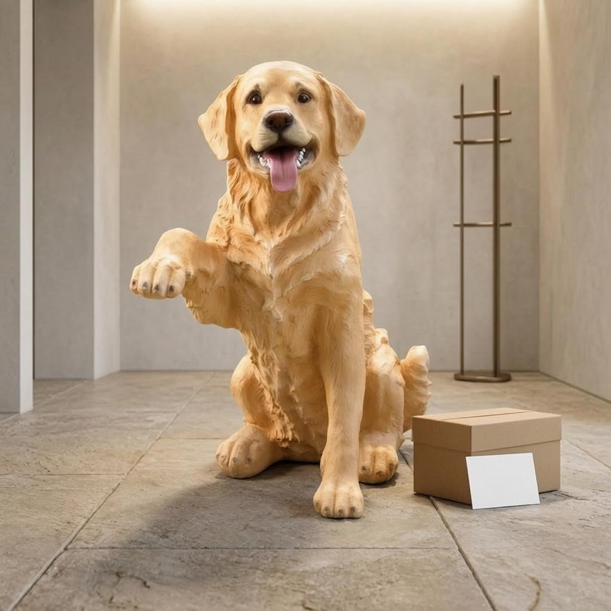 Decorative Canine Statue Labrador Dog Sculpture Figurine Ornament Statue Fiberglass Craft with Realistic Seated Pose and Detailed Silhouette Suitable, Beige