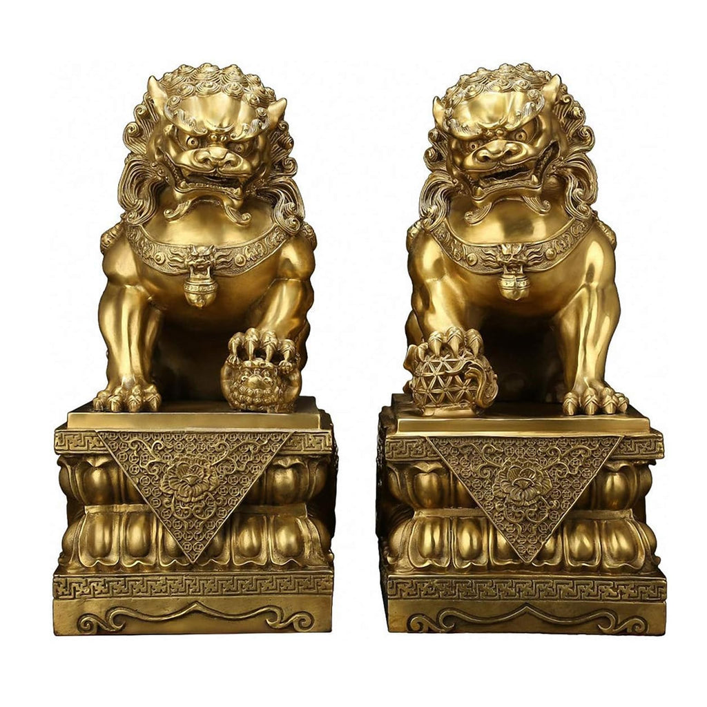 Brass Foo Dogs Statues Pair, Chinese Guardian Lions Figurines, Feng Shui Decor for Home Office, Protection Prosperity Wealth Symbol, Brass Tabletop Sculpture,9.8" H x 11" L x 5.9" W 19.4lb