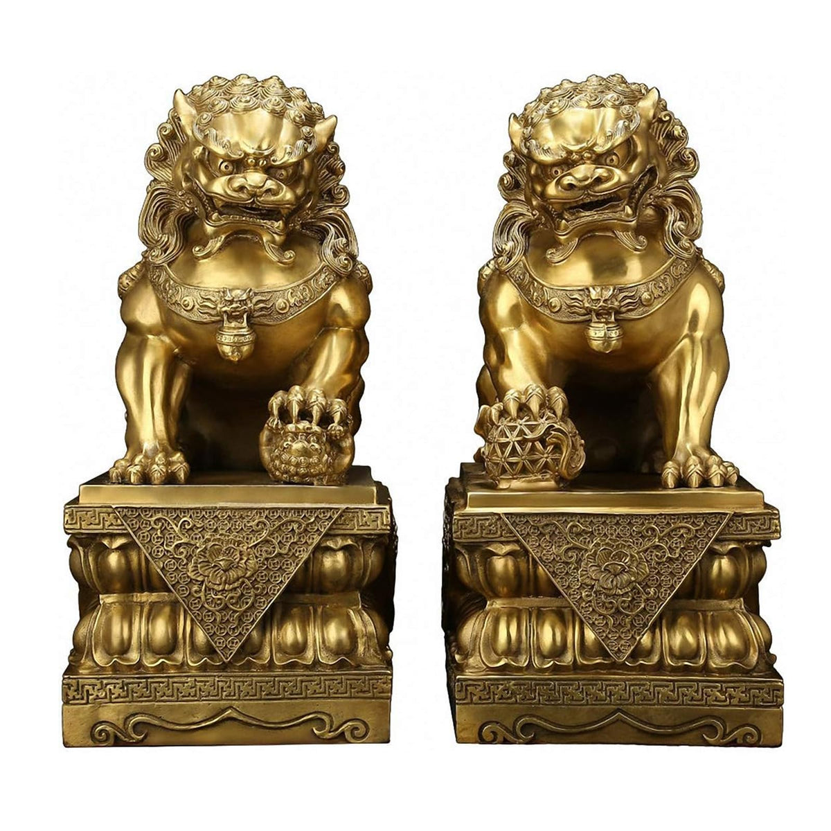 Brass Foo Dogs Statues Pair, Chinese Guardian Lions Figurines, Feng Shui Decor for Home Office, Protection Prosperity Wealth Symbol, Brass Tabletop Sculpture,9.8" H x 11" L x 5.9" W 19.4lb