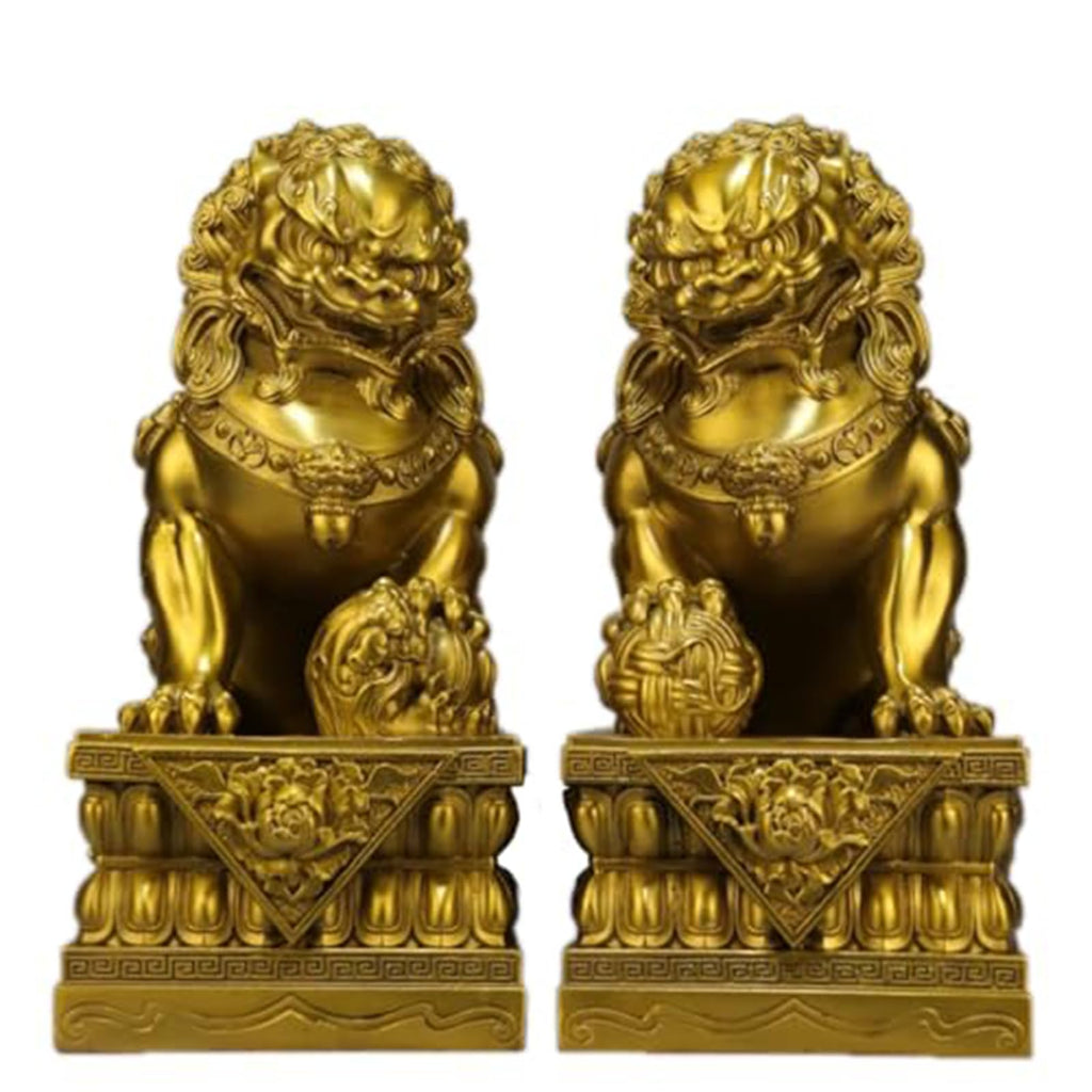 Brass Foo Dogs Statues Pair, Chinese Guardian Lions Figurines, Feng Shui Decor for Home Office, Protection Prosperity Wealth Symbol, Brass Tabletop Sculpture,9.8" H x 11" L x 5.9" W 19.4lb