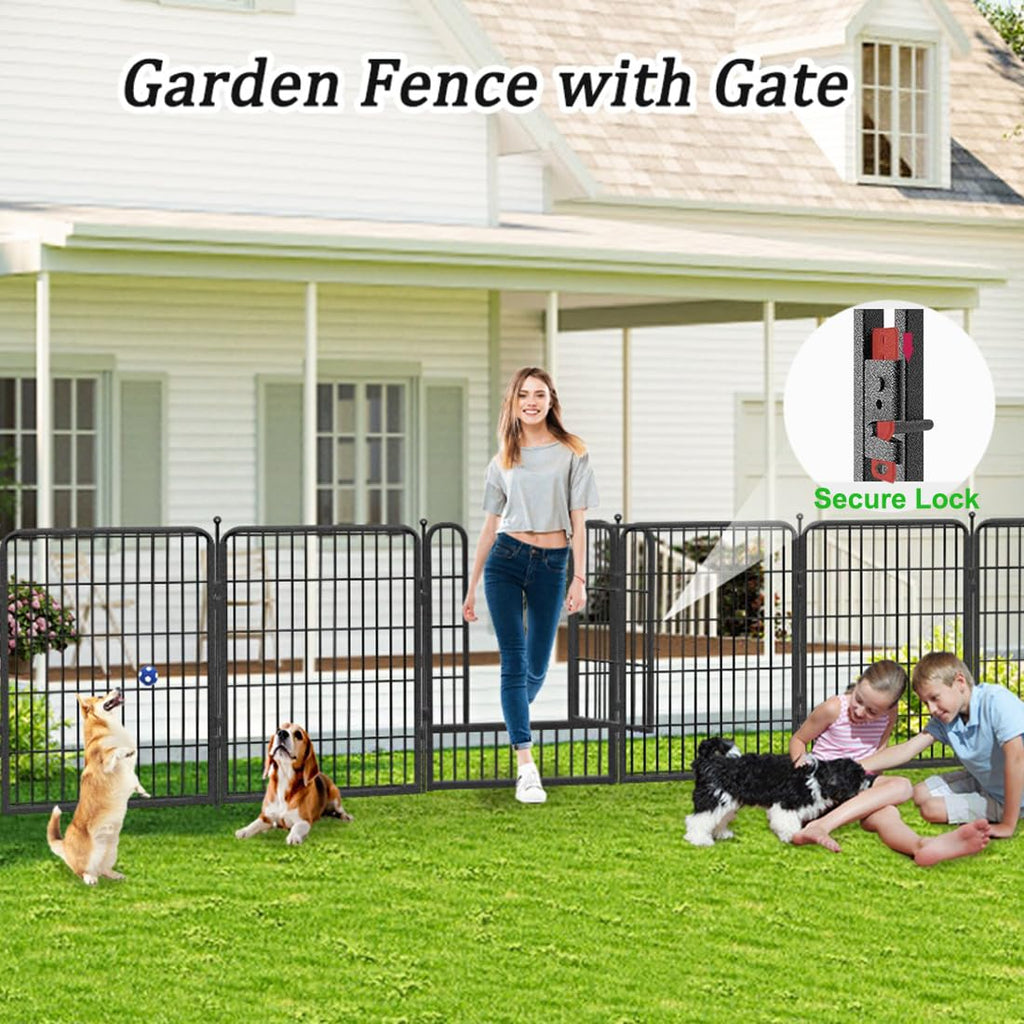 Garden Fence with Gate Metal Fencing Outdoor for Yard, 32in x147ft 64 Panels Outdoor Dog Fence Temporary Fence for Dogs Outside, Rustproof Garden Fencing Flower Bed Edging for Patio