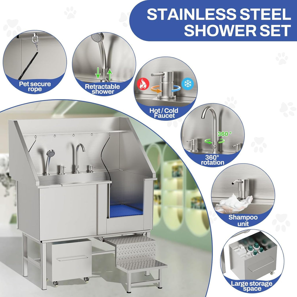 50'' Heavy Duty Dog Washing Station, Professional 304 Stainless Steel Pet Grooming Tub for Large Dogs with Adjustable Height Platform and Anti Slip Ramp for Pet Salon Grooming Studio Home