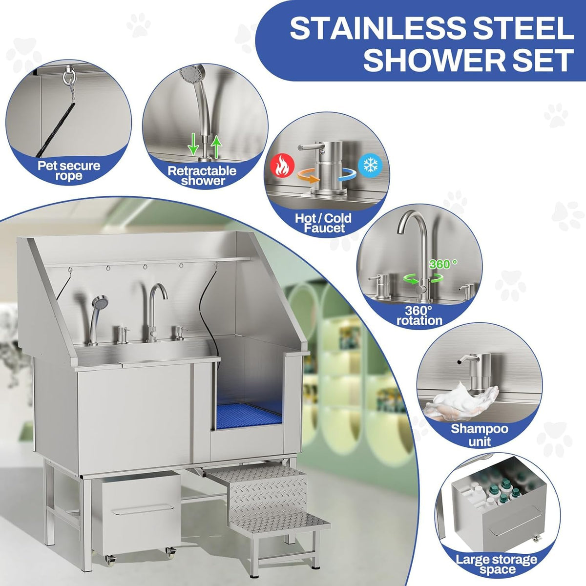 50'' Heavy Duty Dog Washing Station, Professional 304 Stainless Steel Pet Grooming Tub for Large Dogs with Adjustable Height Platform and Anti Slip Ramp for Pet Salon Grooming Studio Home