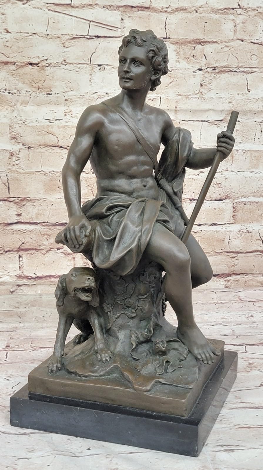 Sculpture of Shepherd with His Dog, Classical Figurine on Marble Base, 15" x 7" Tabletop Display for Collectors