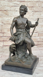 Sculpture of Shepherd with His Dog, Classical Figurine on Marble Base, 15" x 7" Tabletop Display for Collectors