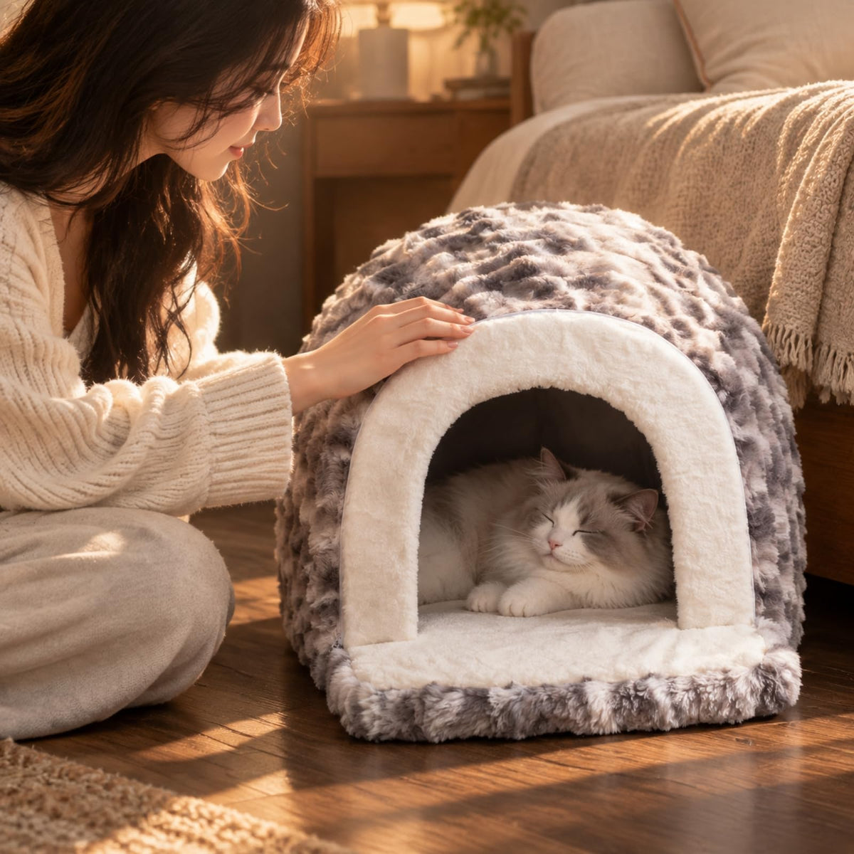 Arched Pet House Bed Cushioned Soft Bed with Front Entry Resilient for Small Dogs, Winter, Quiet Corners, 75x50x55cm