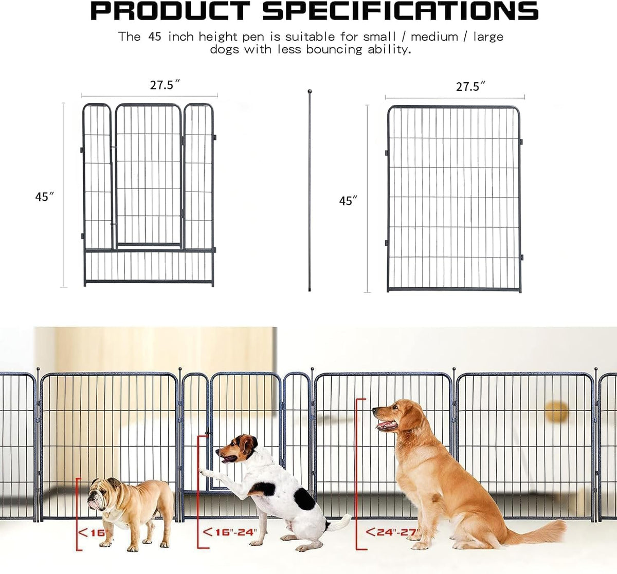 Dog Playpen,32/40/45 Inch Height in Heavy Duty, Folding Indoor Outdoor Anti-Rust Dog Exercise Fence, Portable Pet Playpen with Door for Large Medium Small Dogs and Pet (32 Panels, 45 Inch) Silver