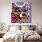 ElephantStock - Colorful Corgi Wall Art - Square Multi Panel Canvas - 4 Piece Living Room Wall Decor - Mixed Media Dog Multi Piece Wall Art - Purple And Orange Decor by Dean Russo - 74" x 74"