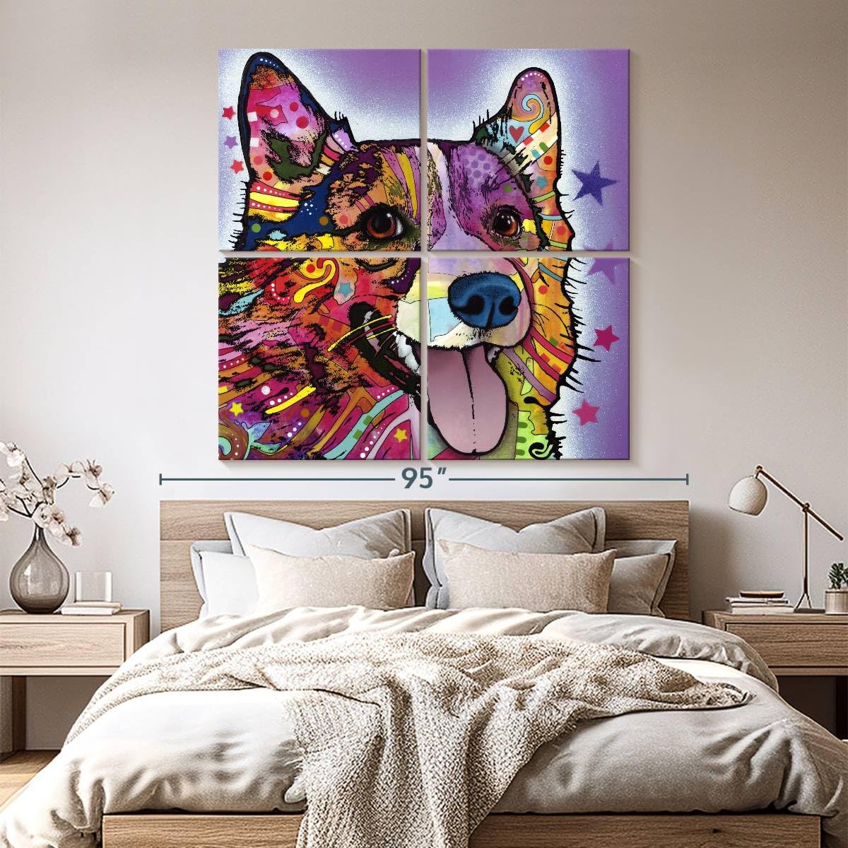 ElephantStock - Colorful Corgi Wall Art - Square Multi Panel Canvas - 4 Piece Living Room Wall Decor - Mixed Media Dog Multi Piece Wall Art - Purple And Orange Decor by Dean Russo - 74" x 74"