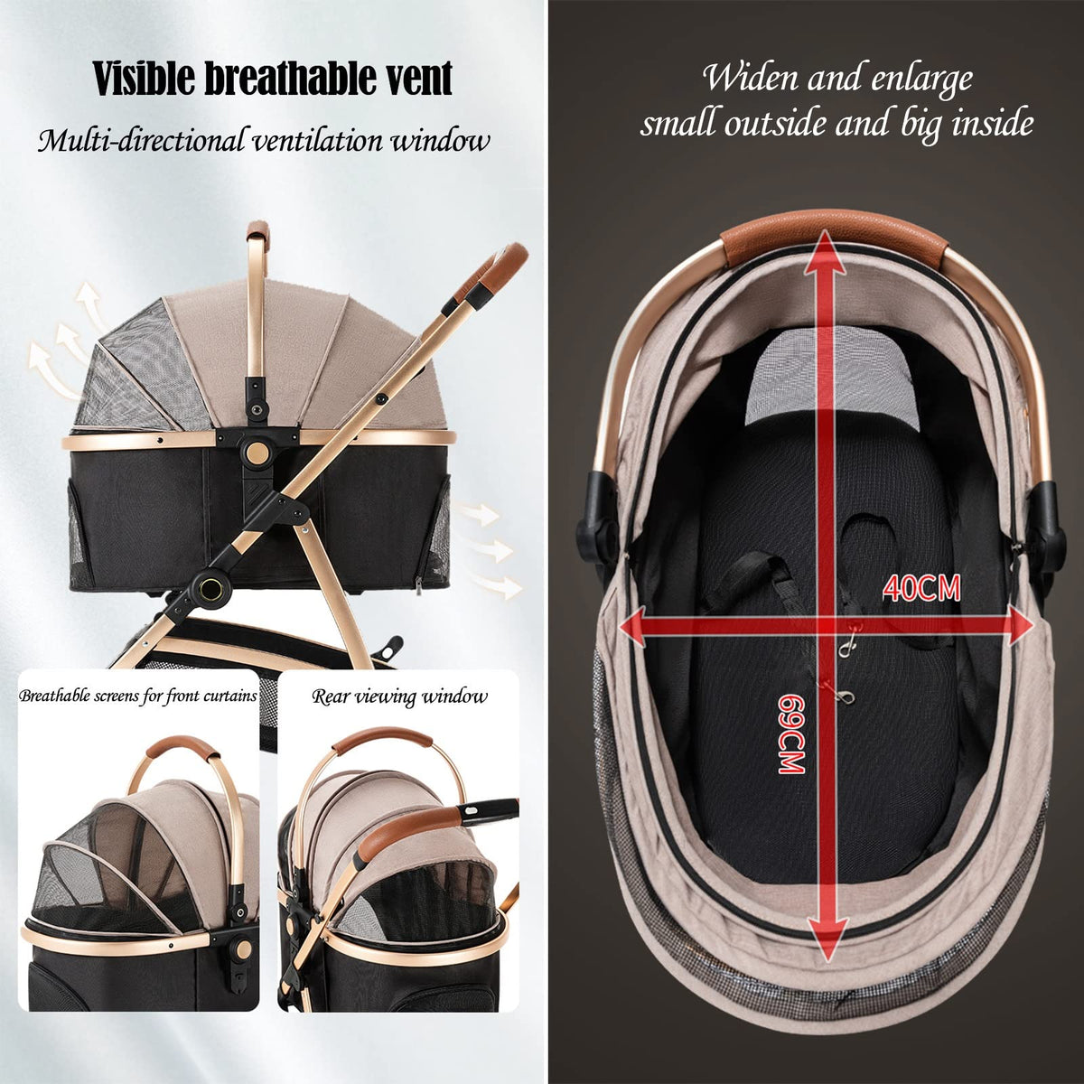 3 in 1 Foldable Travel Stroller Cup Holder Dog Stroller for Medium Cats Dogs Pram, Cat Carriers Strollers Jogging Trolley, Large Pet Strolle Breathable Window with Zipper, Storage Basket