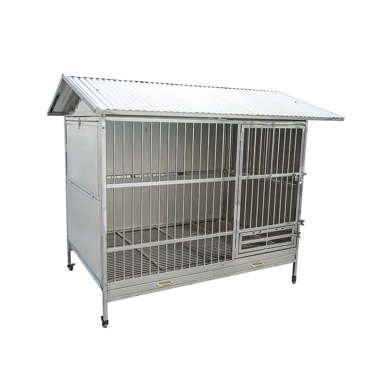 Large Outdoor Dog Cage with Roof, Stainless Steel Heavy Duty Dog Kennel with Toilet Tray, Windproof Rainproof Dog House for Medium to Large Dogs (42inch)