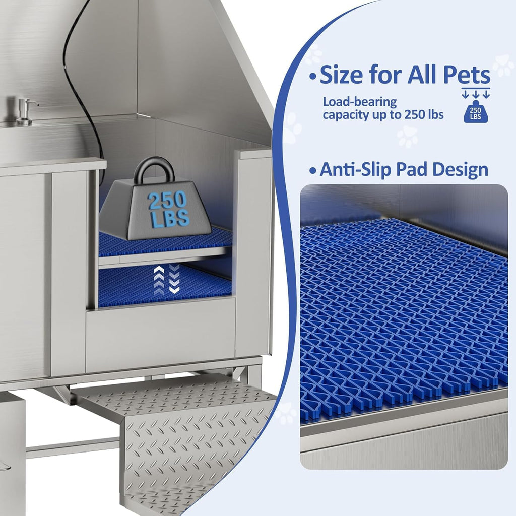 50'' Heavy Duty Dog Washing Station, Professional 304 Stainless Steel Pet Grooming Tub for Large Dogs with Adjustable Height Platform and Anti Slip Ramp for Pet Salon Grooming Studio Home