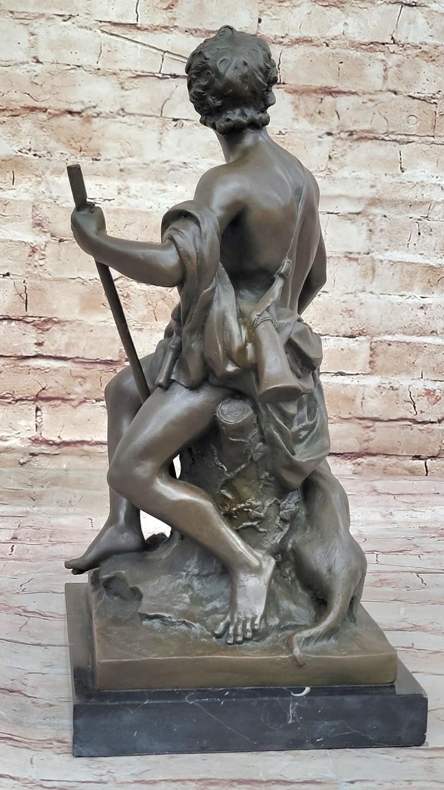 Sculpture of Shepherd with His Dog, Classical Figurine on Marble Base, 15" x 7" Tabletop Display for Collectors