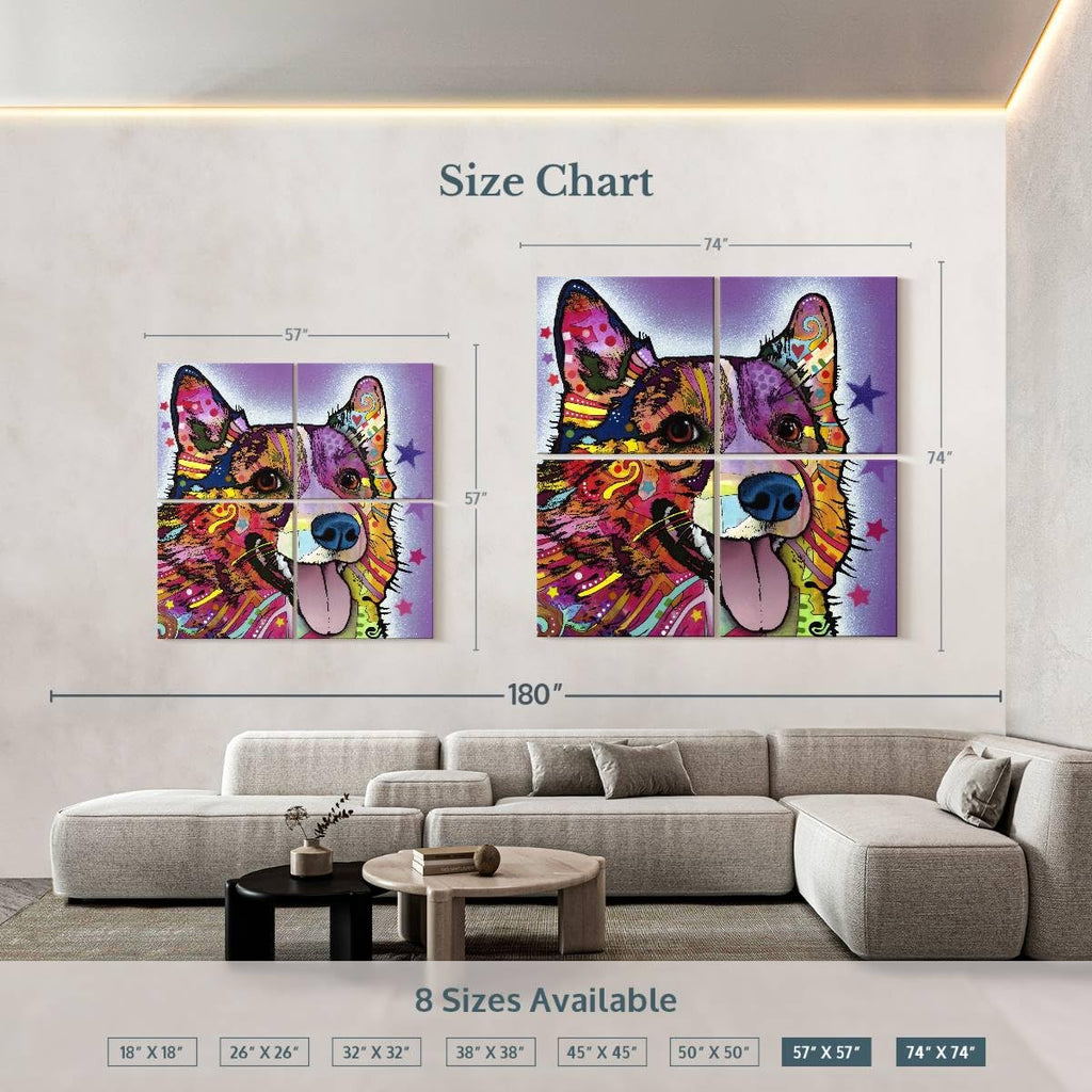 ElephantStock - Colorful Corgi Wall Art - Square Multi Panel Canvas - 4 Piece Living Room Wall Decor - Mixed Media Dog Multi Piece Wall Art - Purple And Orange Decor by Dean Russo - 74" x 74"