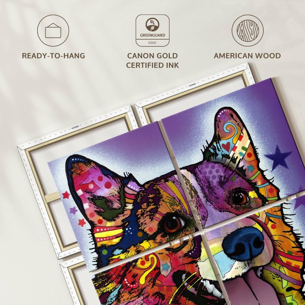 ElephantStock - Colorful Corgi Wall Art - Square Multi Panel Canvas - 4 Piece Living Room Wall Decor - Mixed Media Dog Multi Piece Wall Art - Purple And Orange Decor by Dean Russo - 74" x 74"