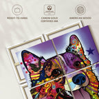 ElephantStock - Colorful Corgi Wall Art - Square Multi Panel Canvas - 4 Piece Living Room Wall Decor - Mixed Media Dog Multi Piece Wall Art - Purple And Orange Decor by Dean Russo - 74" x 74"