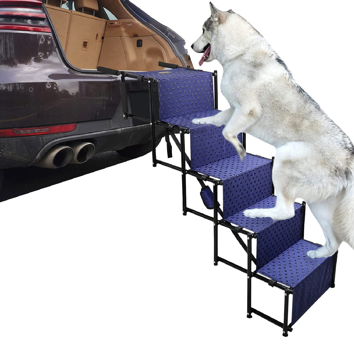 Dog Ramp Stair Steps - Upgrade 5 Steps Large Dog Ramp Lightweight Foldable Dog Stair Telescoping Pet Ramp for Car Boot and Suvs Steps for Medium and Large Dog Navy