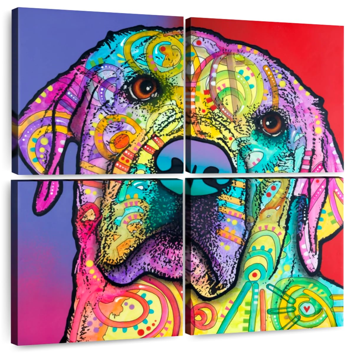 ElephantStock - Colorful Corgi Wall Art - Square Multi Panel Canvas - 4 Piece Living Room Wall Decor - Mixed Media Dog Multi Piece Wall Art - Purple And Orange Decor by Dean Russo - 74" x 74"