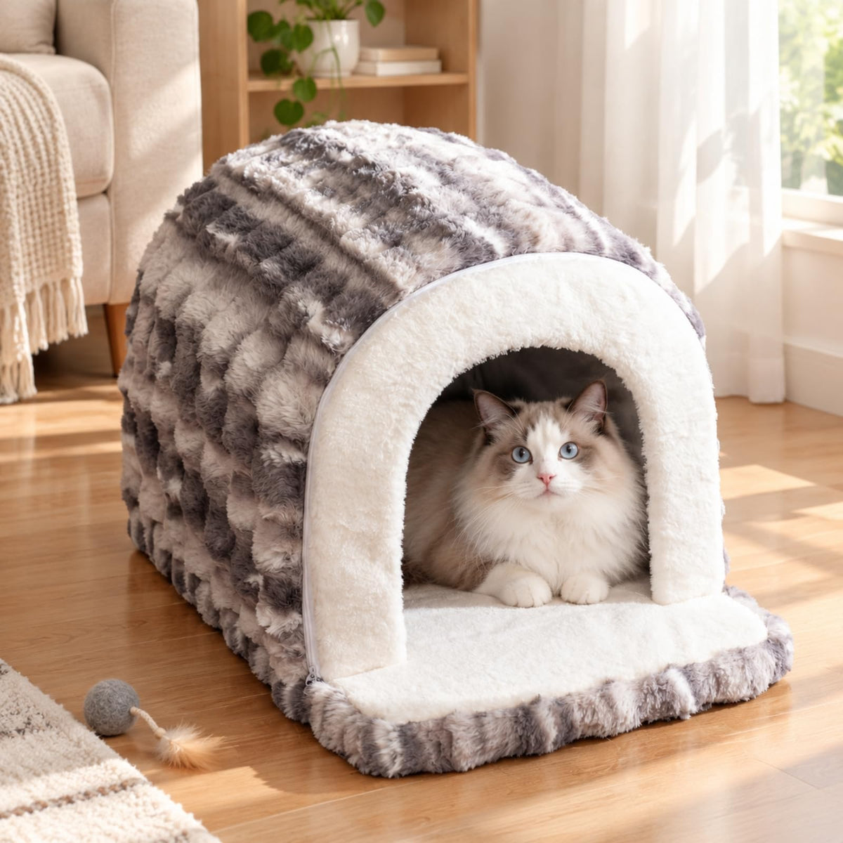 Arched Pet House Bed Comfortable Soft Bed with Front Entry Cozy for, Small Dogs, Napping, Quiet Corners, Living Room, 75x50x55cm