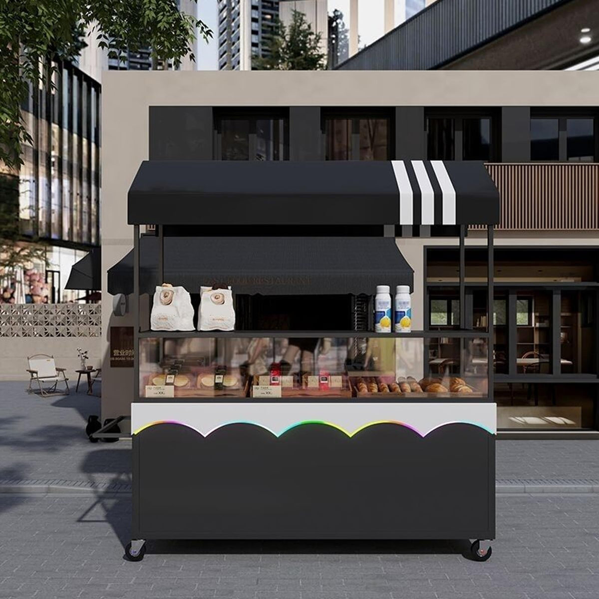 Mobile Street Food Vendor Carts, Foldable Hot Dog Stand Cart with Canopy Umbrella, for Sale Cakes/Fruits/Flowers/Thrift, for Market Street Food & Events(Blue,120cm/47.2IN)