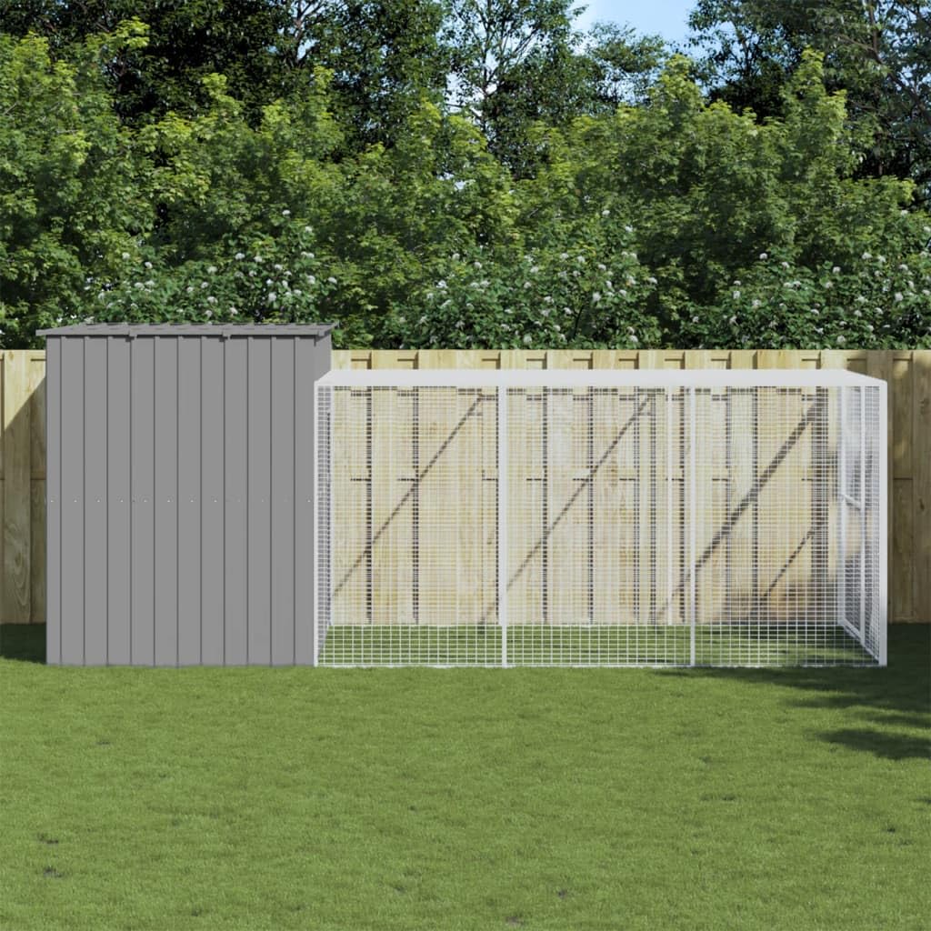 Dog House with Run Light Gray Galvanized Steel 84.3x179.9x71.3 Inches