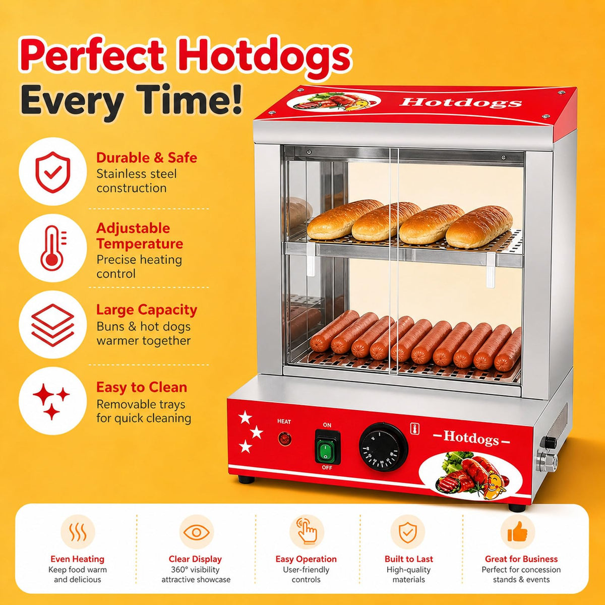 Hot Dog Steamer, Electric Hotdog Machine with Glass Doors, Temperature Control,