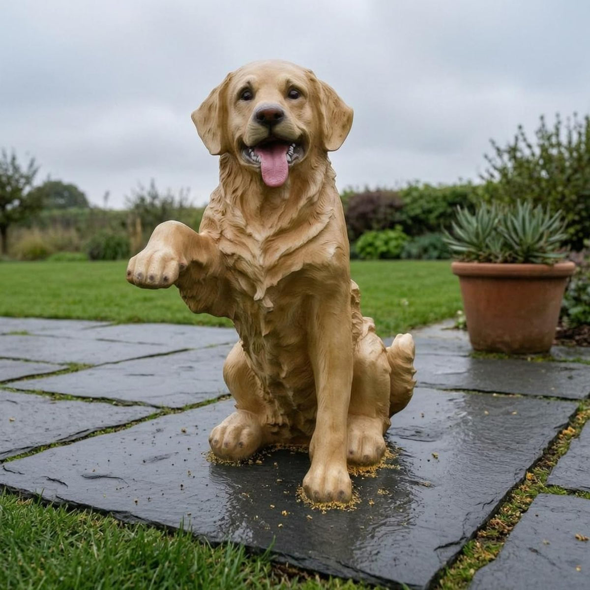 Decorative Canine Statue Labrador Dog Sculpture Figurine Ornament Statue Fiberglass Craft with Realistic Seated Pose and Detailed Silhouette Suitable, Beige
