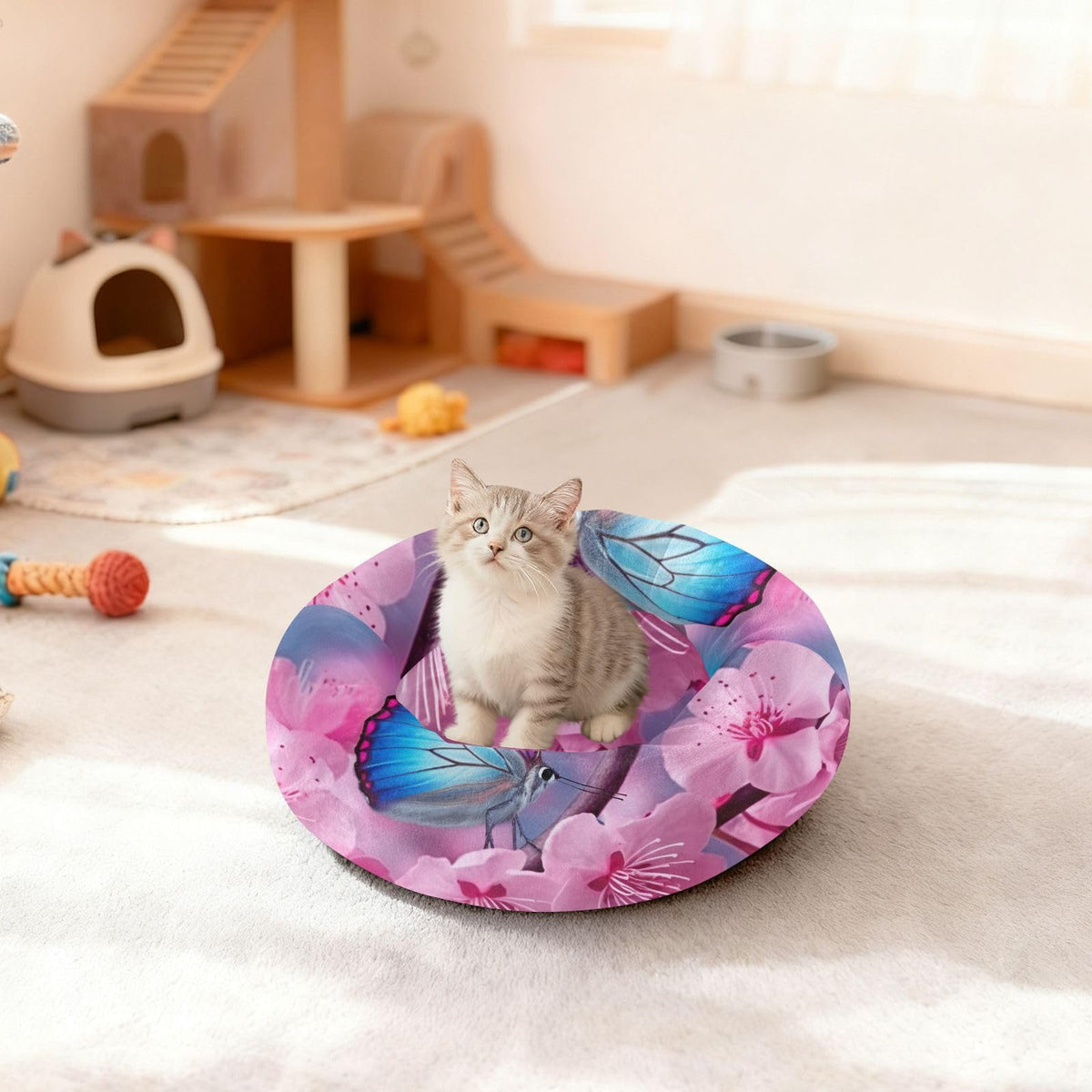 Donut Dog Bed for Small Dogs & Cats - Blue Butterfly Pink Flowers Calming Anti-Anxiety Pet Bed with Non-Slip Base, Removable & Machine Washable, 18"