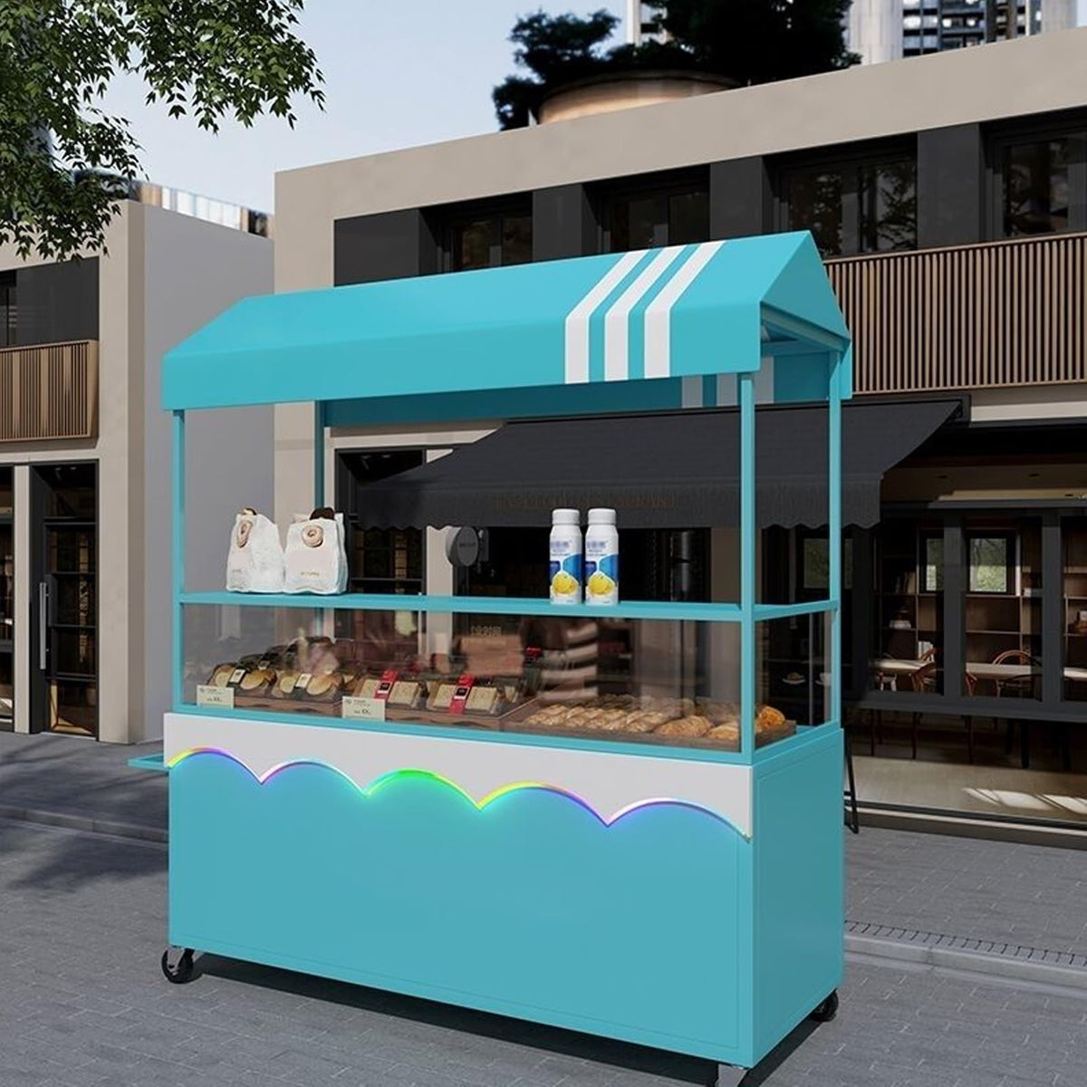 Mobile Street Food Vendor Carts, Foldable Hot Dog Stand Cart with Canopy Umbrella, for Sale Cakes/Fruits/Flowers/Thrift, for Market Street Food & Events(Blue,120cm/47.2IN)