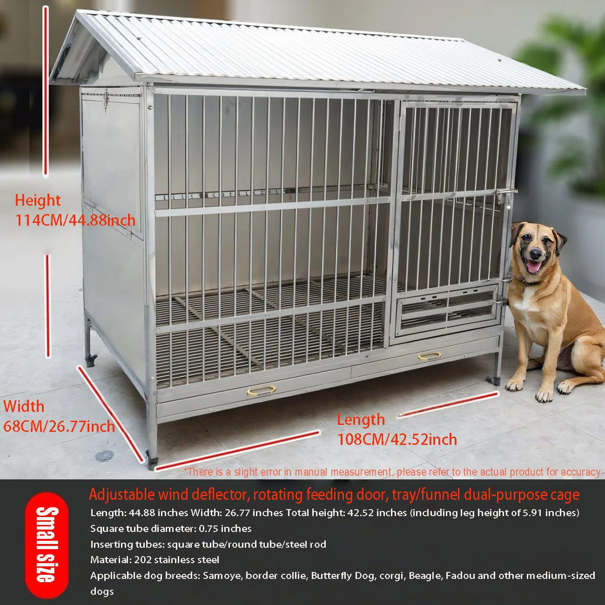 Large Outdoor Dog Cage with Roof, Stainless Steel Heavy Duty Dog Kennel with Toilet Tray, Windproof Rainproof Dog House for Medium to Large Dogs (42inch)