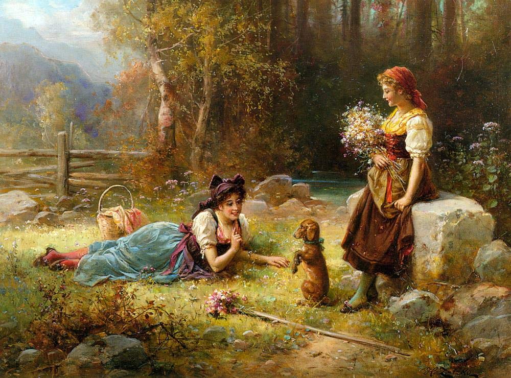 Toperfect Oil Painting Handmade $50-$2000 by College Teachers - 27 Zatzka Wall Art - Obedience Hans Zatzka girls and puppy dog rural - Famous Painting on Canvas -Size2